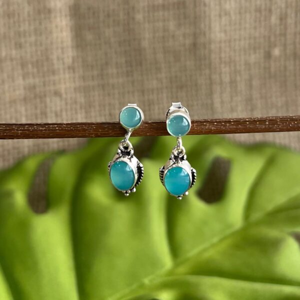 BRINCO PENDURADO / PEDRA NARURAL - PRATA BALI 925 - CALCEDÔNIA AZUL