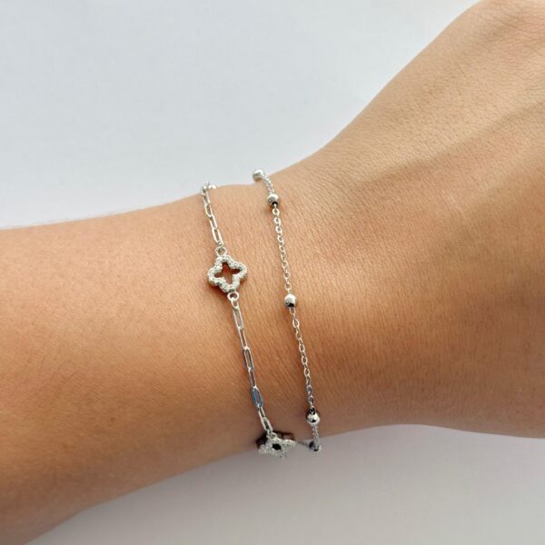 PULSEIRA  DUPLA  BOLINHA TREVO / CRAVEJADAO - PRATA 925