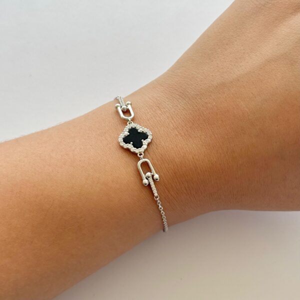 PULSEIRA TREVO / ÔNIX / CRAVEJADO - PRATA 925