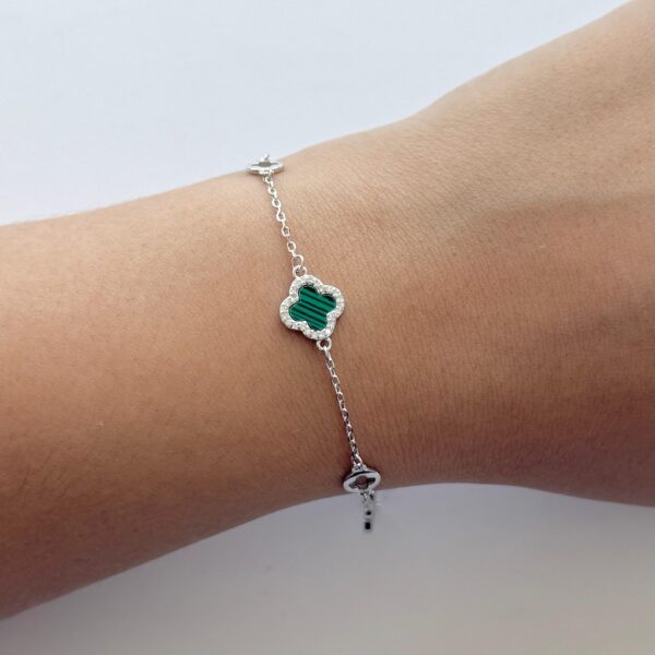 PULSEIRA TREVO / MALAQUITA / CRAVEJADA - PRATA 925