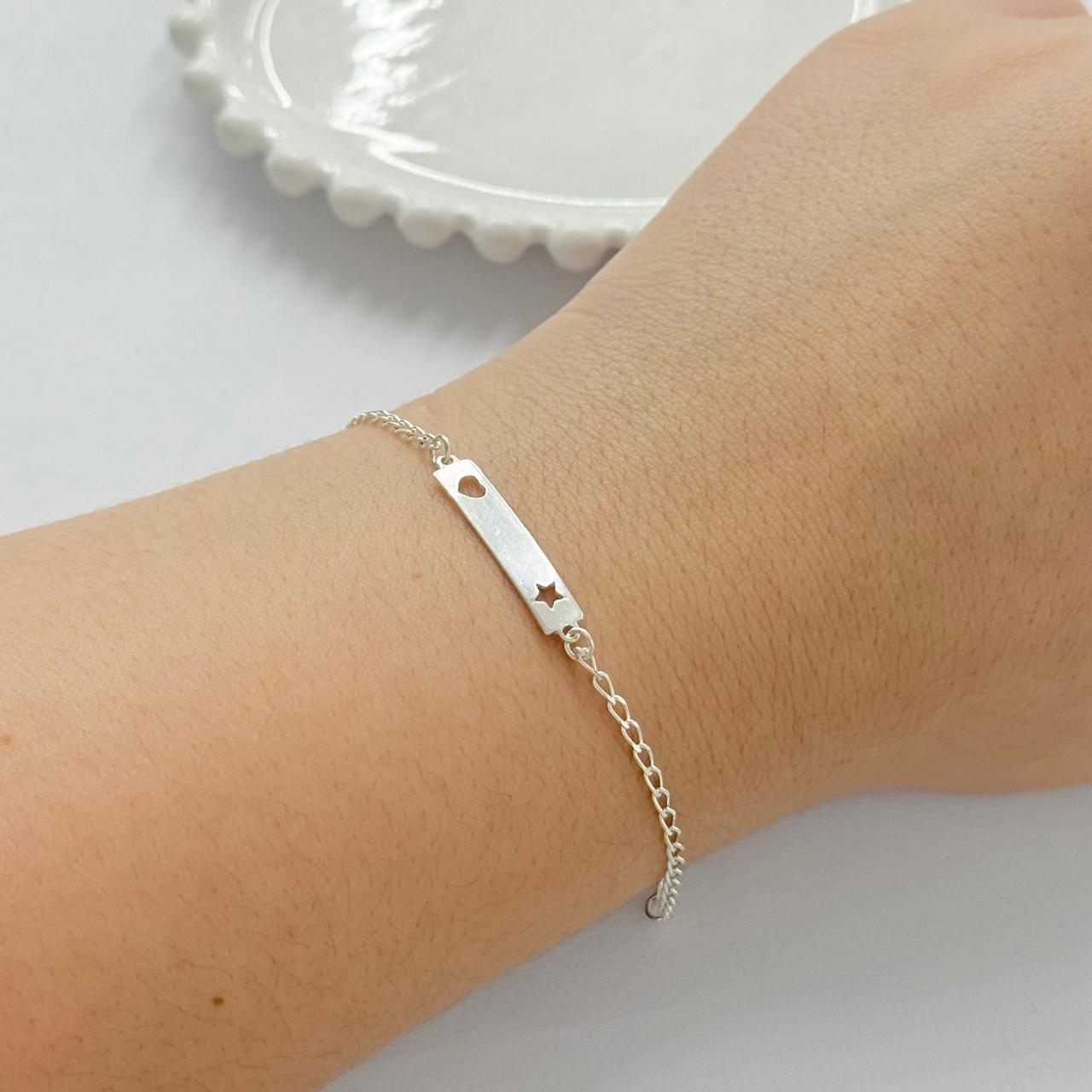 PULSEIRA INFANTIL PLAQUINHA ESTRELA / CORAÇÃO - PRATA 925 - Imagem 2