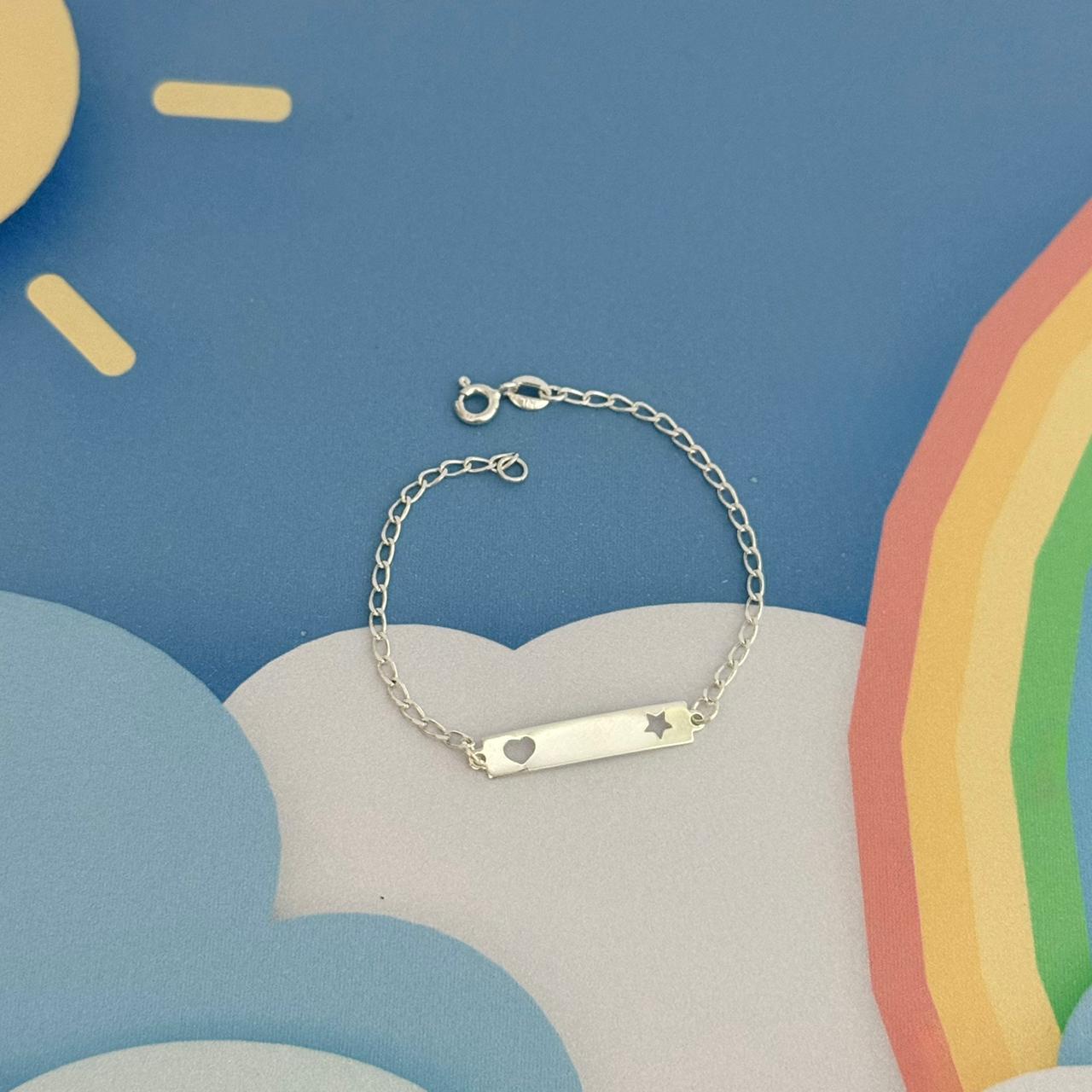 PULSEIRA INFANTIL PLAQUINHA ESTRELA / CORAÇÃO - PRATA 925