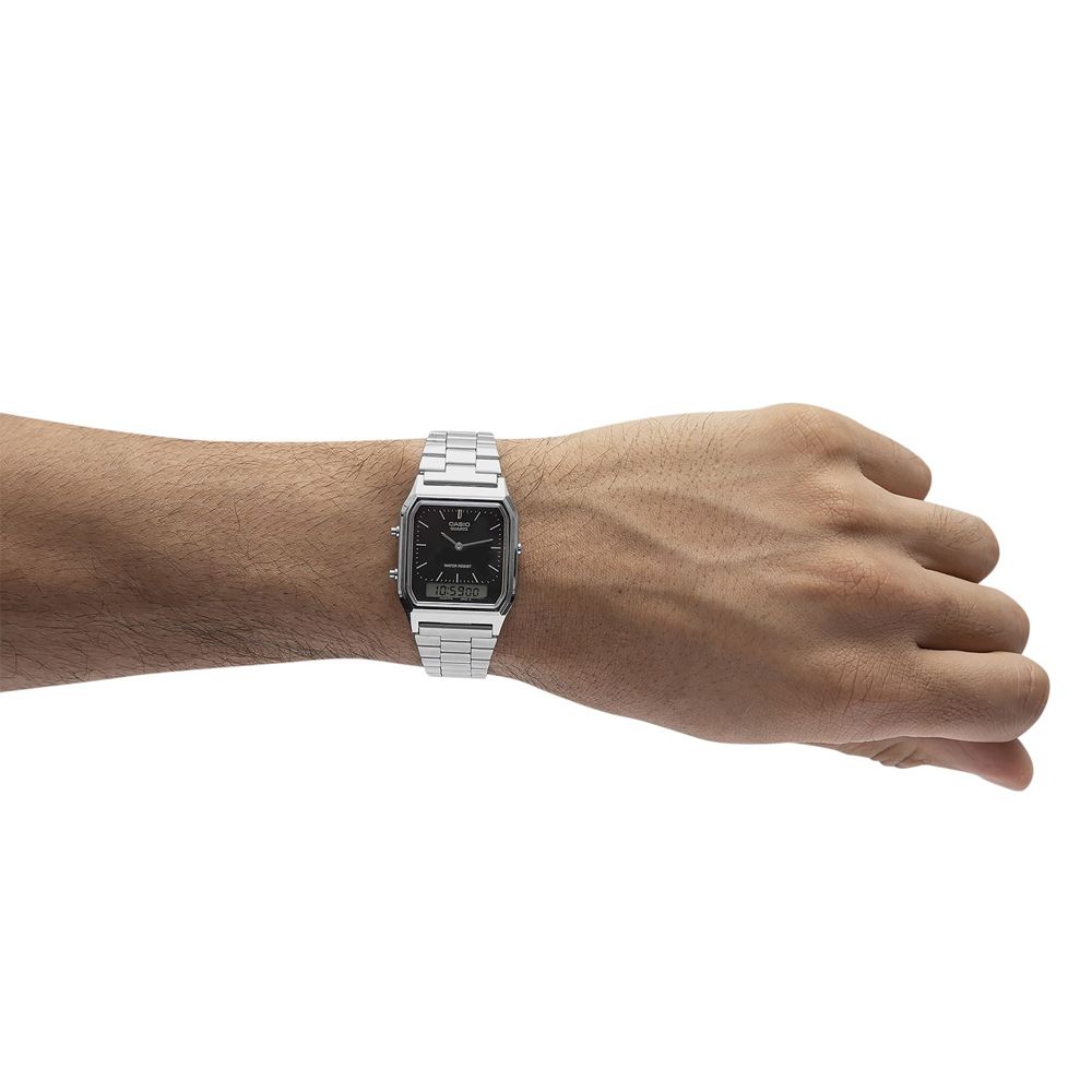 AQ-230A-1D_5 Relógio Casio Vintage Analógico e Digital Prata Unissex