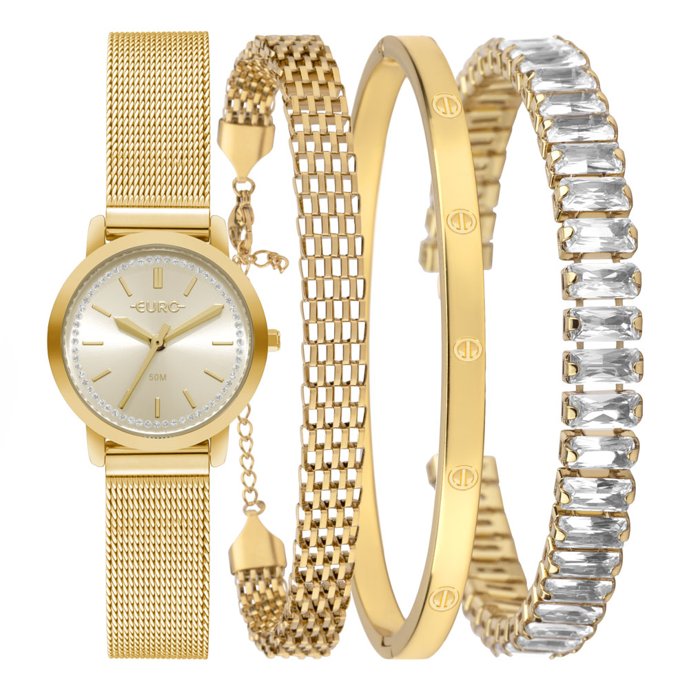 EU2035ZCEK4D_1 Kit Relógio Euro Feminino Elegante Dourado