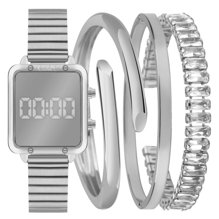 EUMD27AAD/K4K Kit Relógio Euro Feminino Digital Prata