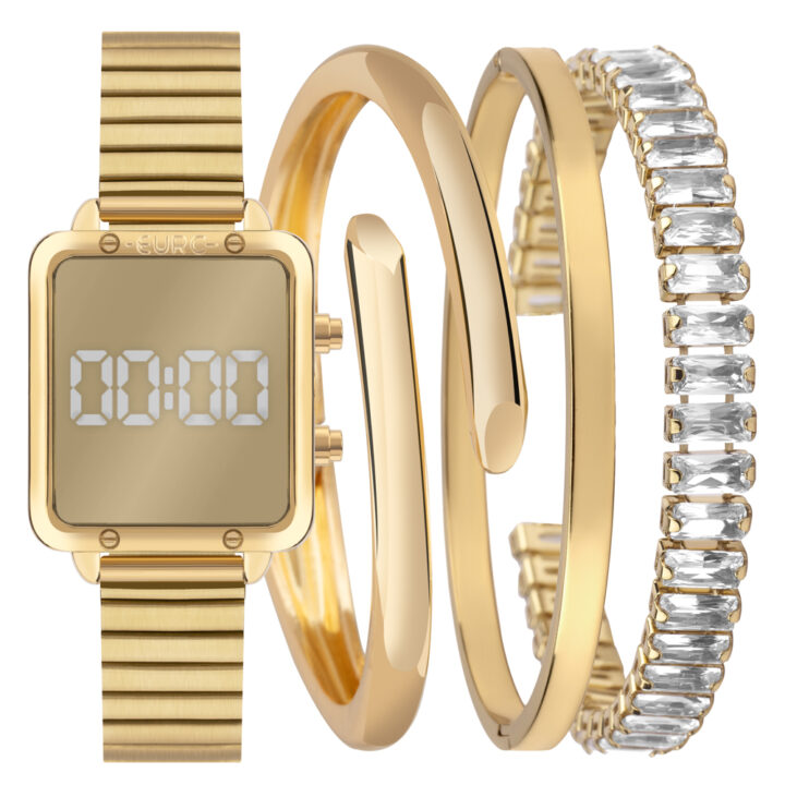 EUMD27AAEK4D_1 Kit Relógio Euro Feminino Digital Dourado