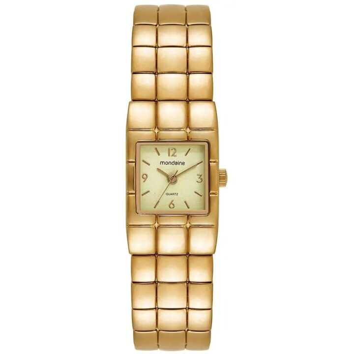 Relógio Mondaine Feminino Dourado Quadrado Números e Index