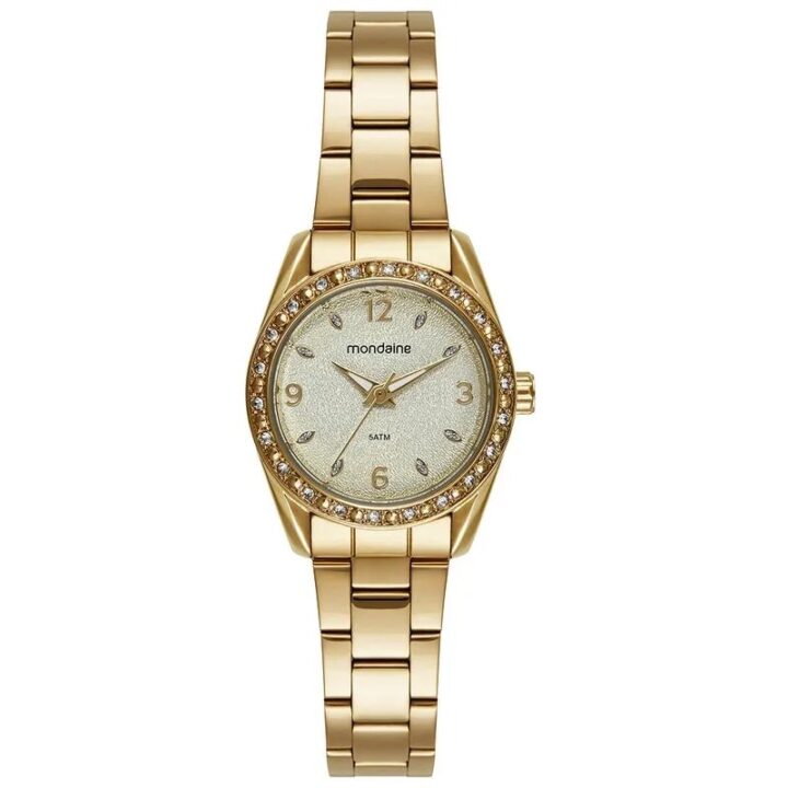 Relógio Mondaine Feminino Analógico Dourado Pedras