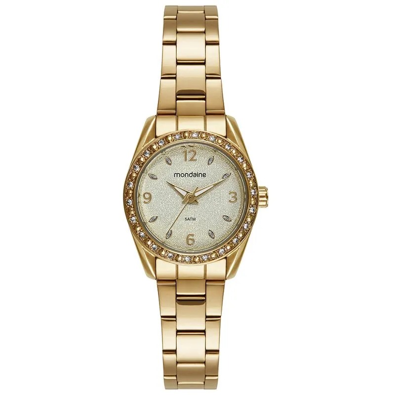 99805LPMVDE1 Relógio Mondaine Feminino Analógico Dourado Pedras