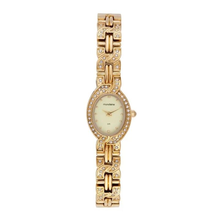 Relógio Mondaine Feminino Analógico Oval Dourado Cristais
