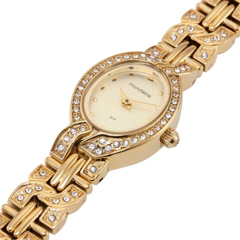 99783LPMVDM1 Relógio Mondaine Feminino Analógico Oval Dourado Cristais