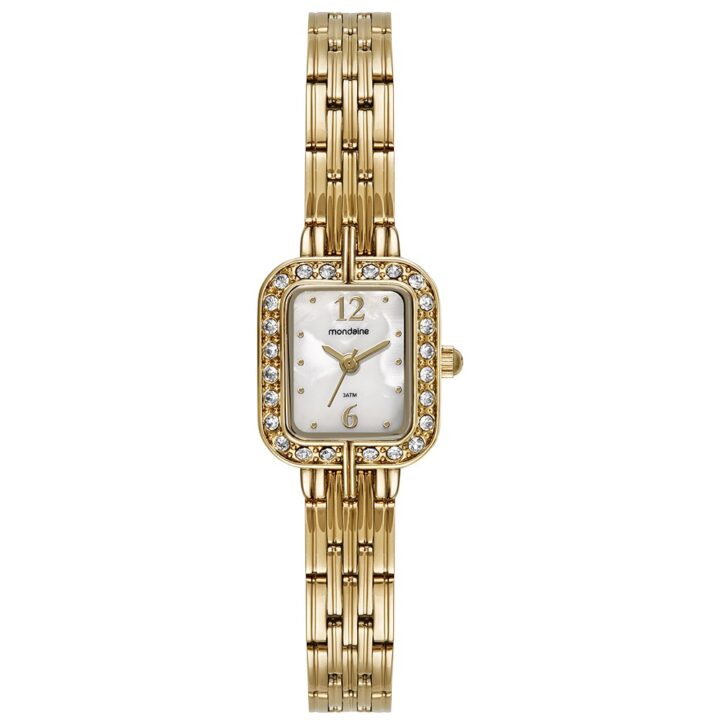 99781LPMVDE1 Relógio Mondaine Feminino Quadrado Dourado Madrepérola Cristais