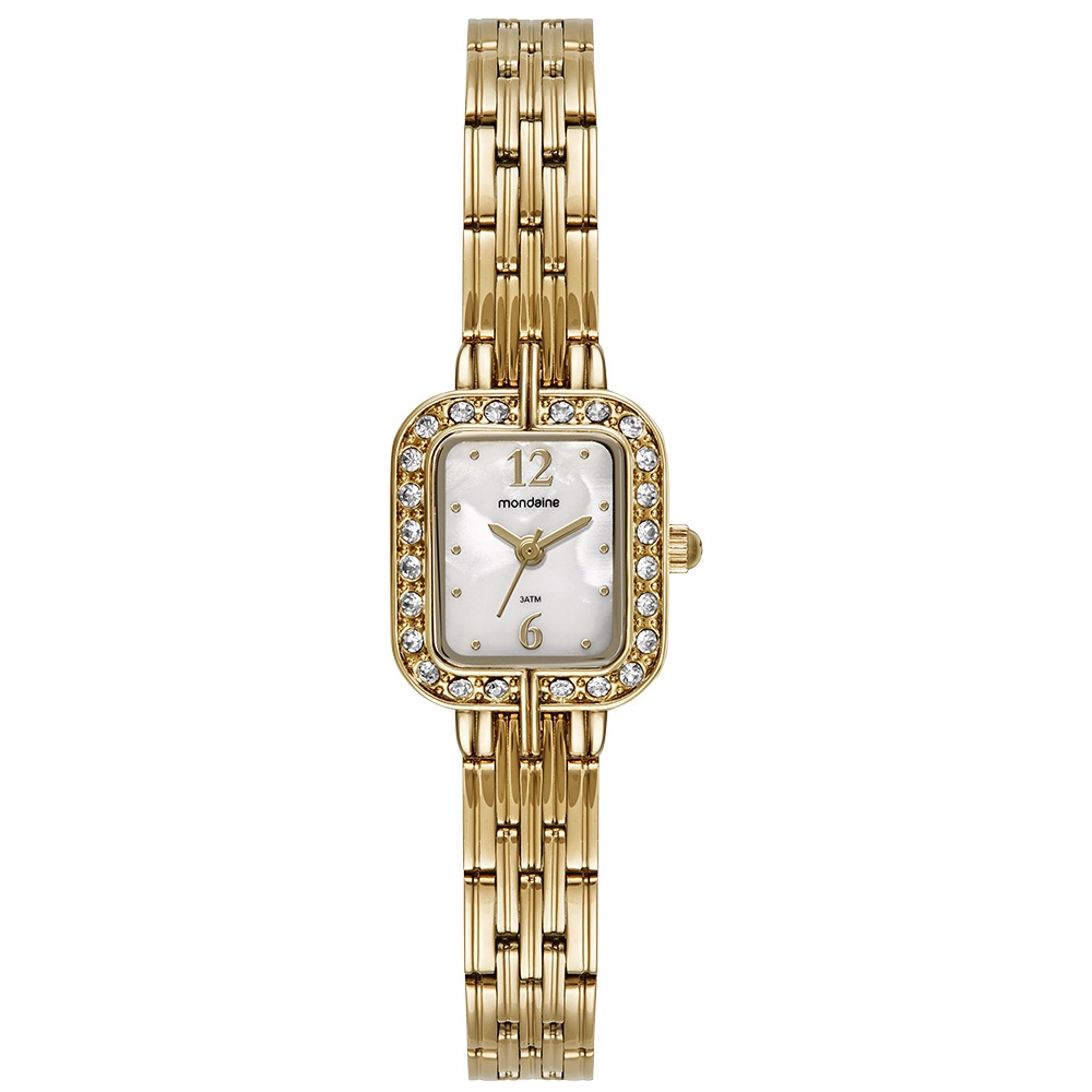 99781LPMVDE1 Relógio Mondaine Feminino Quadrado Dourado Madrepérola Cristais