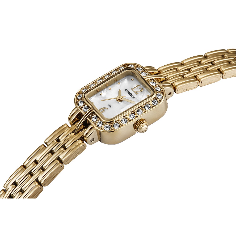 99781LPMVDE1 Relógio Mondaine Feminino Quadrado Dourado Madrepérola Cristais