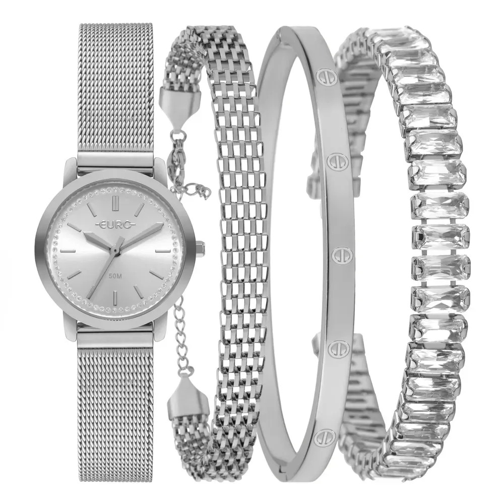 Kit Relógio Euro Feminino Elegante Prata