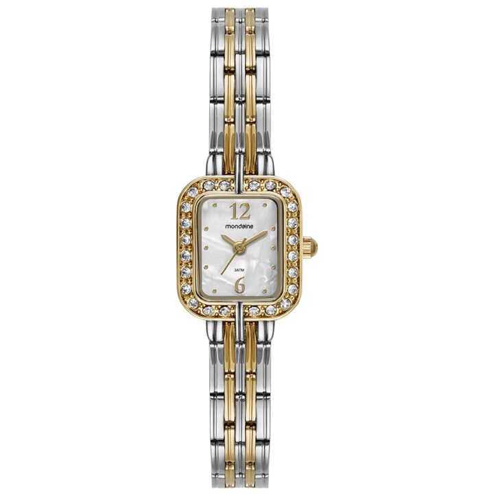 99781LPMVBE2 Relógio Mondaine Feminino Quadrado Bicolor Madrepérola Cristais