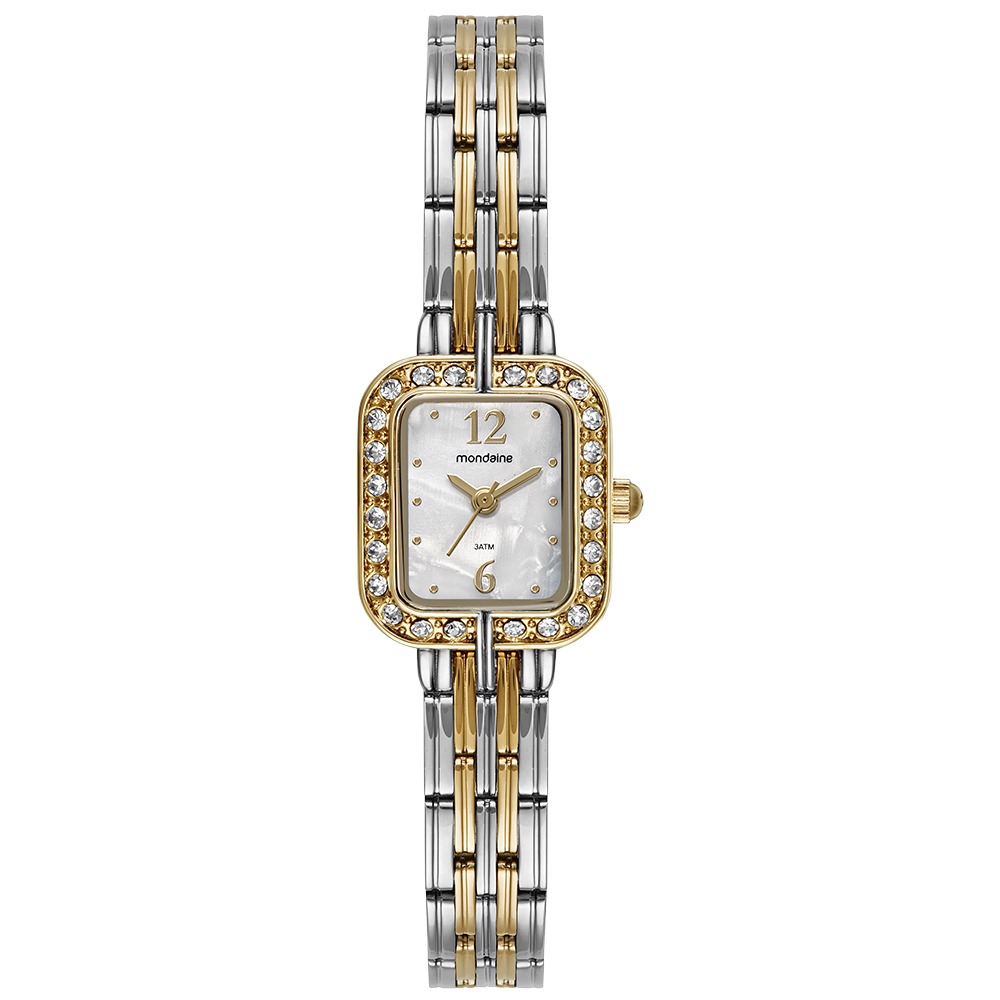 99781LPMVBE2 Relógio Mondaine Feminino Quadrado Bicolor Madrepérola Cristais
