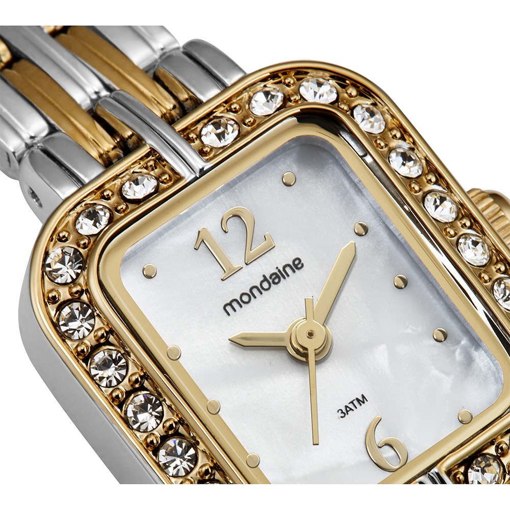 99781LPMVBE2 Relógio Mondaine Feminino Quadrado Bicolor Madrepérola Cristais