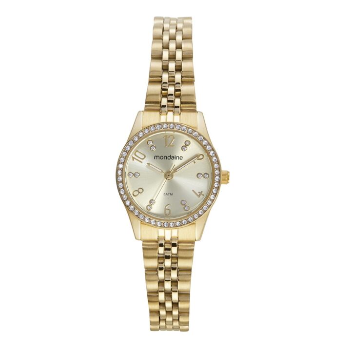 Relógio Mondaine Feminino Clássico Dourado Cristais