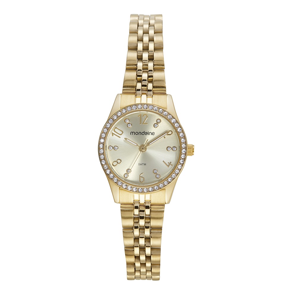 32803LPMVDE1 Relógio Mondaine Feminino Clássico Dourado Cristais