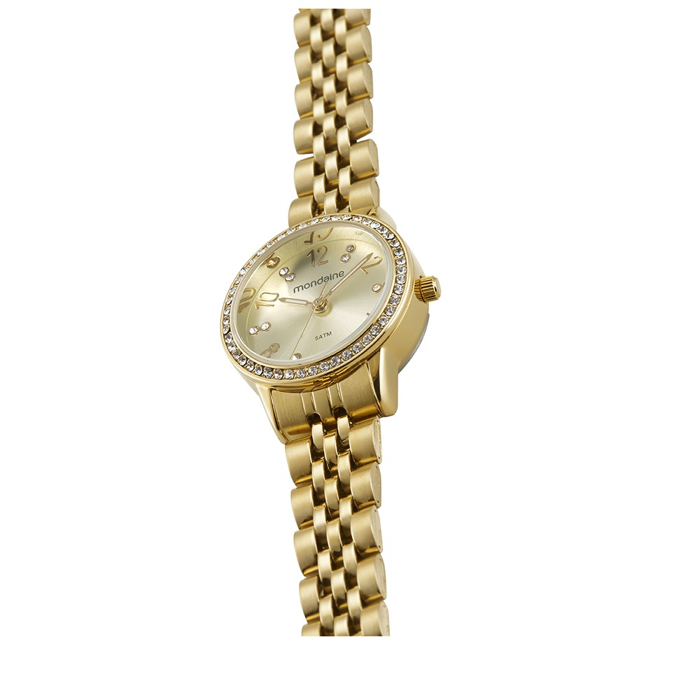 32803LPMVDE1 Relógio Mondaine Feminino Clássico Dourado Cristais