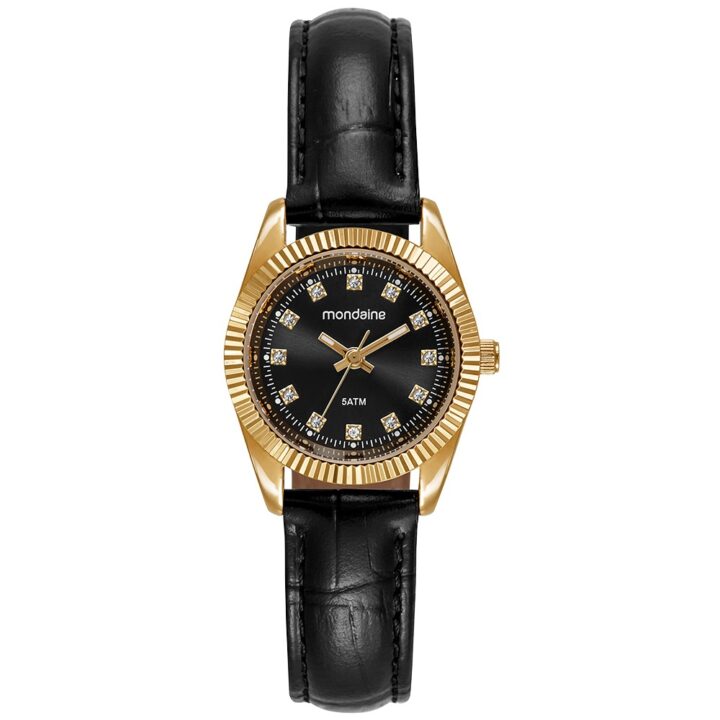 32960LPMVDH2 Relógio Mondaine Feminino Caixa Pequena Couro Dourado e Preto