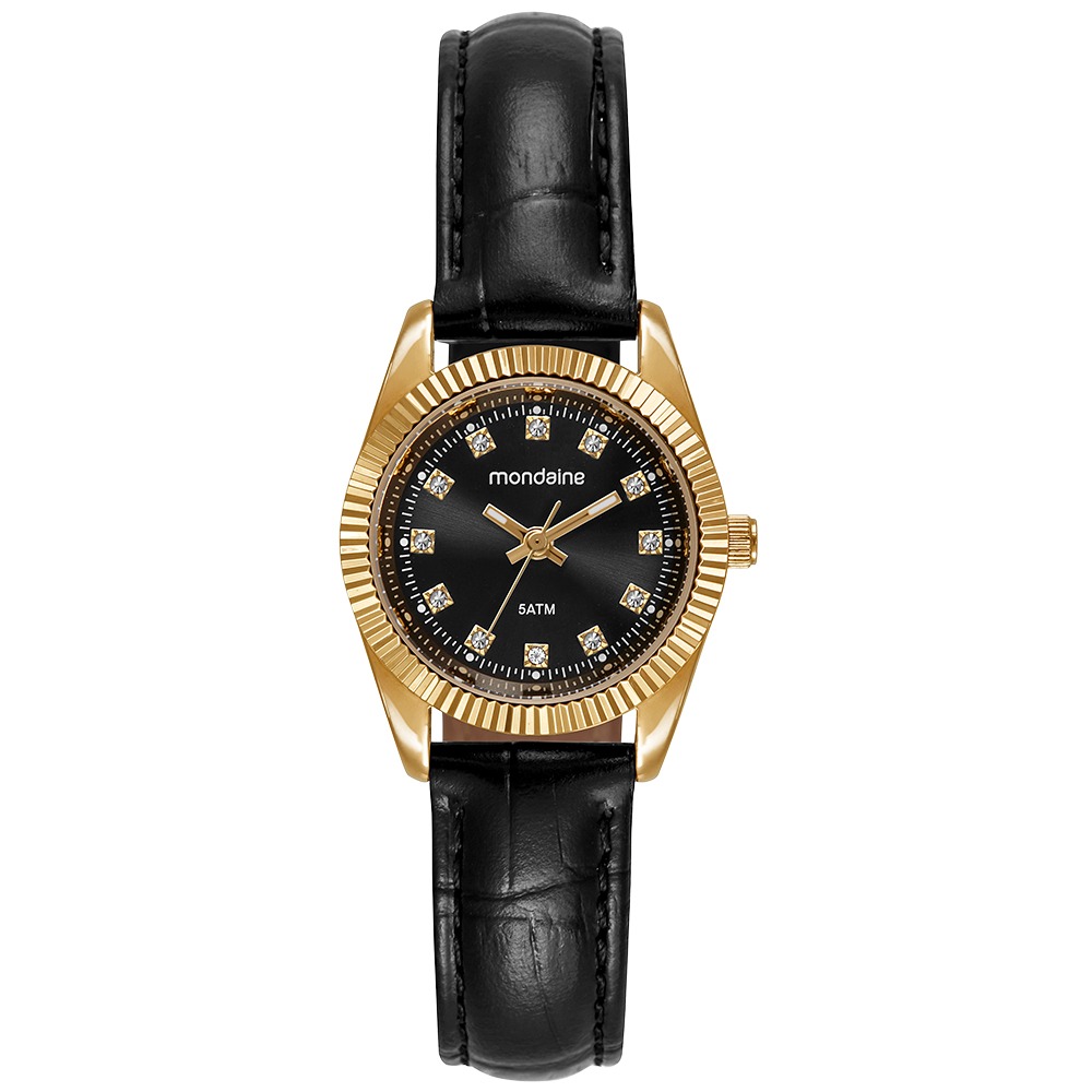 32960LPMVDH2 Relógio Mondaine Feminino Caixa Pequena Couro Dourado e Preto