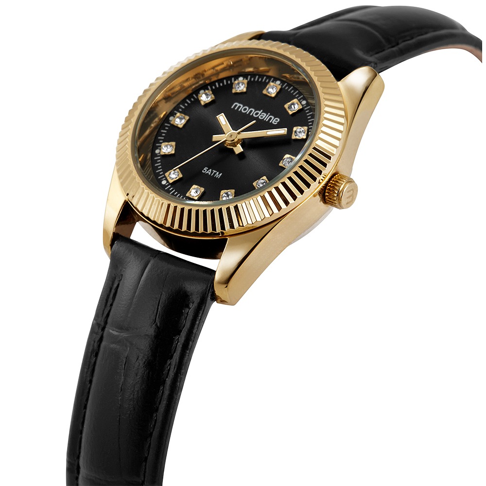 32960LPMVDH2 Relógio Mondaine Feminino Caixa Pequena Couro Dourado e Preto