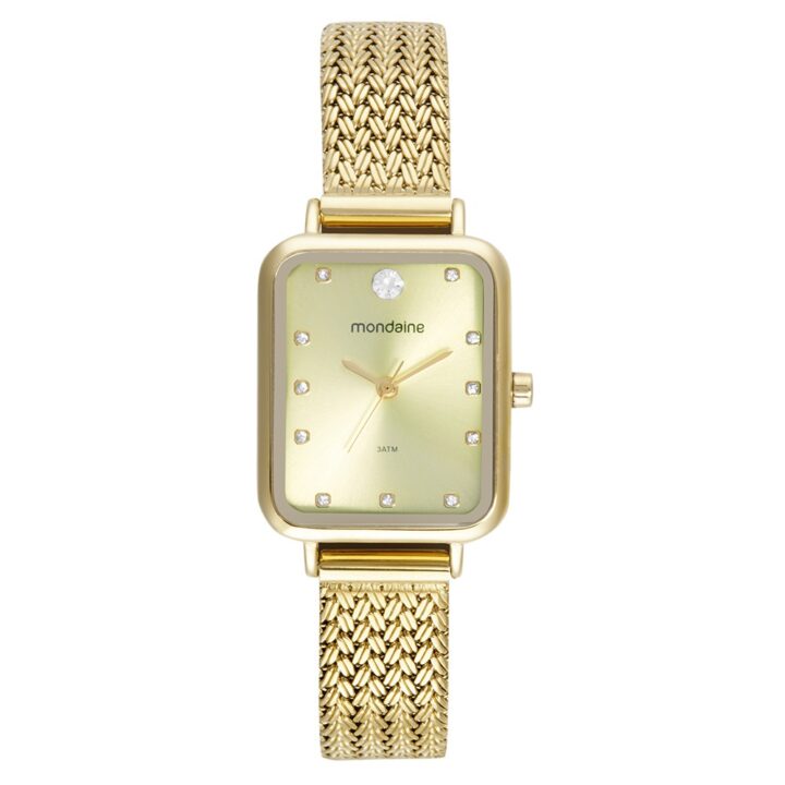 32744LPMVDE1 Relógio Mondaine Feminino Quadrado Cristais Dourado