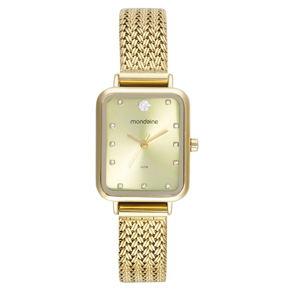 Relógio Mondaine Feminino Quadrado Cristais Dourado