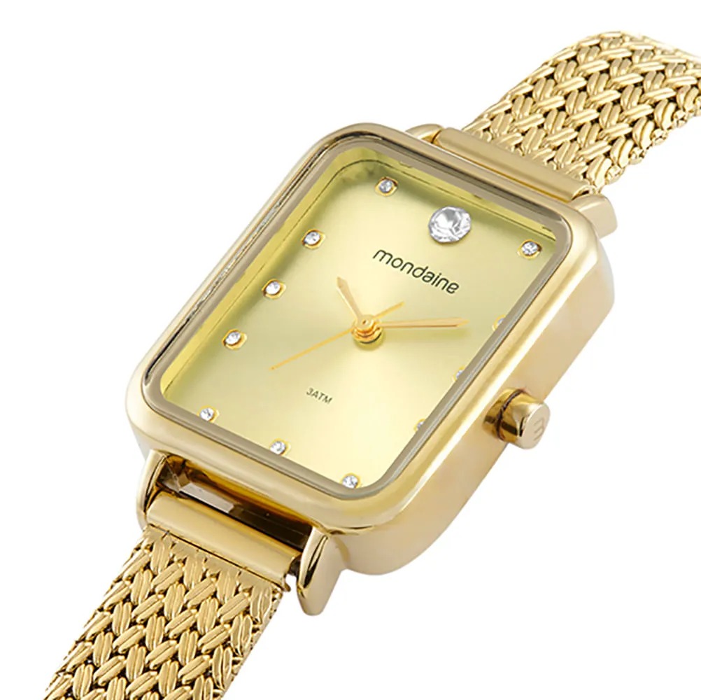 Relógio Mondaine Feminino Quadrado Cristais Dourado