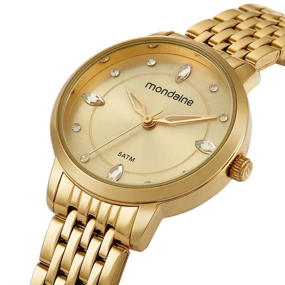 Relógio Mondaine  Feminino Cristais Baguete Dourado