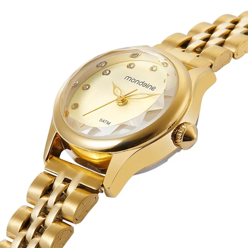 Relógio Mondaine Feminino Vidro Facetado Dourado