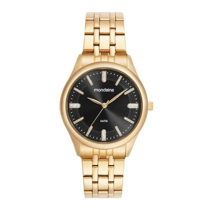 83530LPMVDE2 Relógio Mondaine Feminino Dourado Mostrador Preto Index