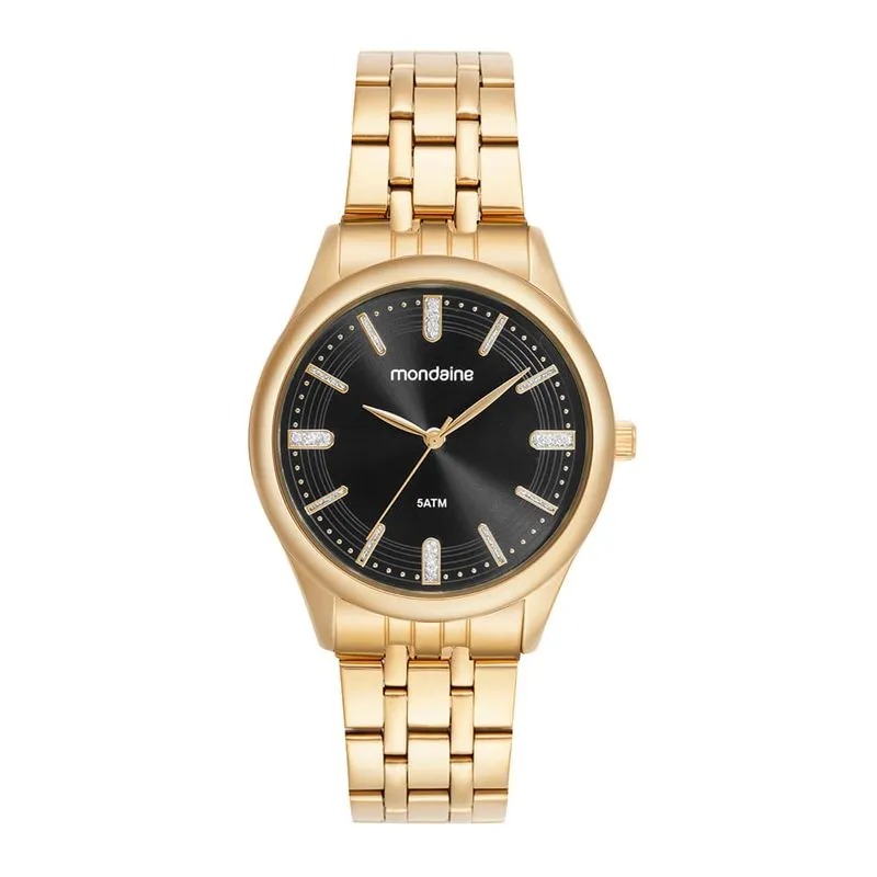 Relógio Mondaine Feminino Dourado Mostrador Preto Index