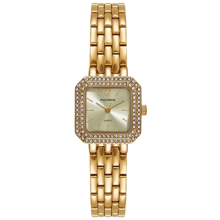 32988LPMVDE1 Relógio Mondaine Feminino Quadrado Cristais Dourado