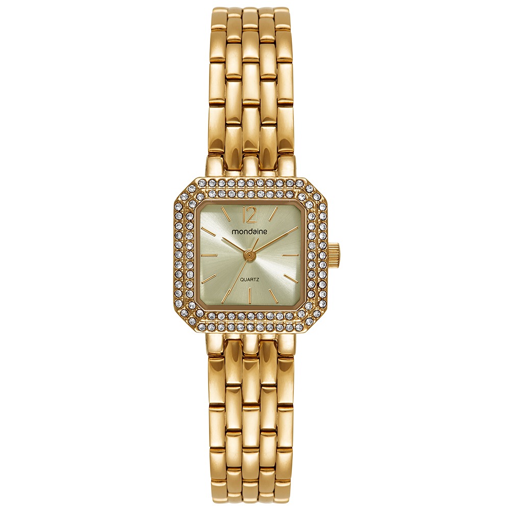 32988LPMVDE1 Relógio Mondaine Feminino Quadrado Cristais Dourado