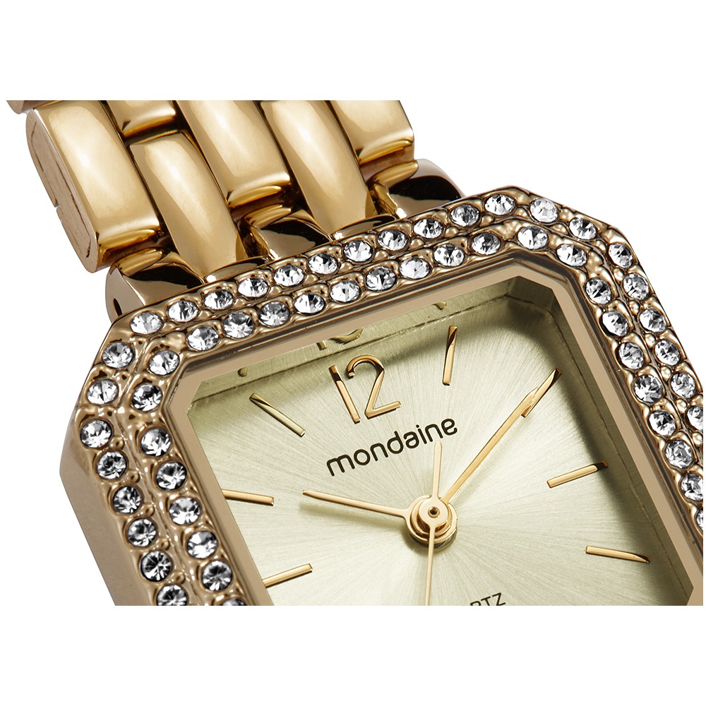 32988LPMVDE1 Relógio Mondaine Feminino Quadrado Cristais Dourado