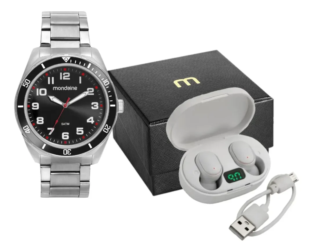 Kit Relógio Masculino Casual Prata com Fone Bluetooth