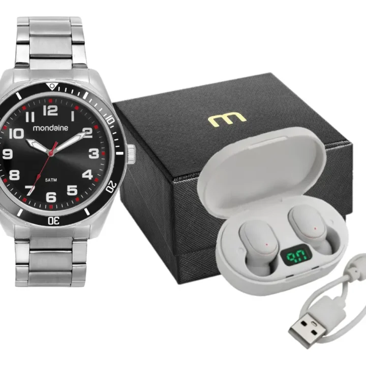 Kit Relógio Masculino Casual Prata com Fone Bluetooth