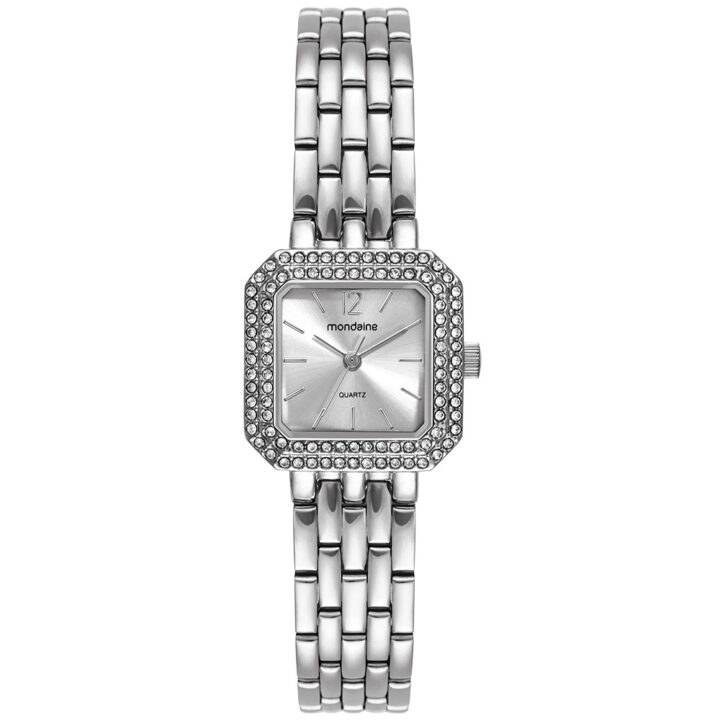 32988L0MVNE2 Relógio Mondaine Feminino Quadrado Prateado Cristais