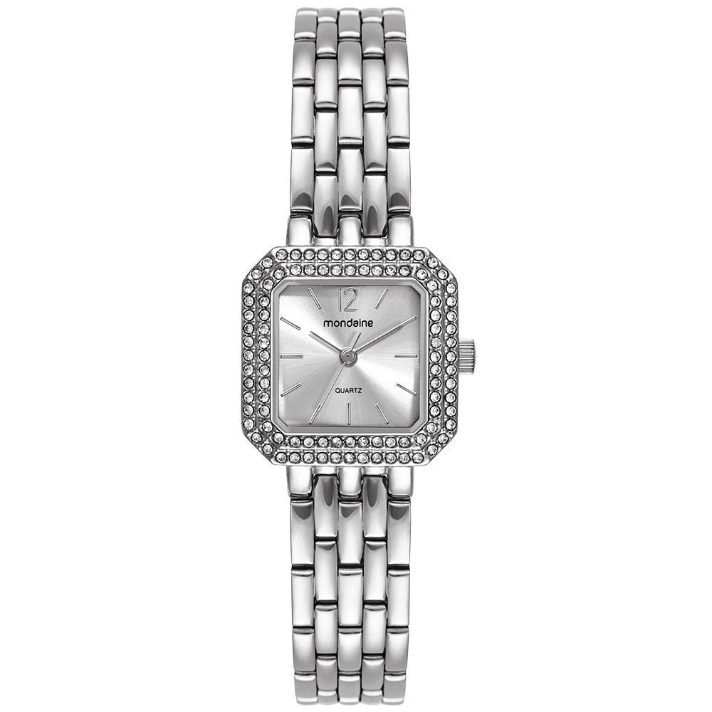 Relógio Mondaine Feminino Quadrado Prateado Cristais