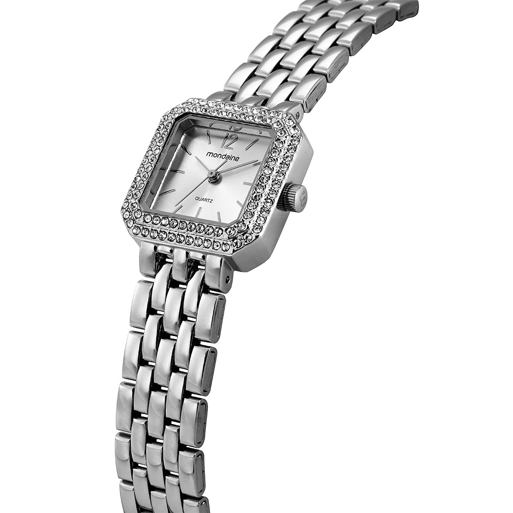 Relógio Mondaine Feminino Quadrado Prateado Cristais