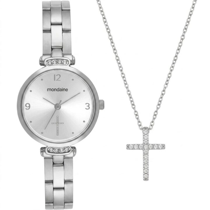 32964L0MKNE2 Kit Relógio Mondaine Feminino com Colar Crucifixo