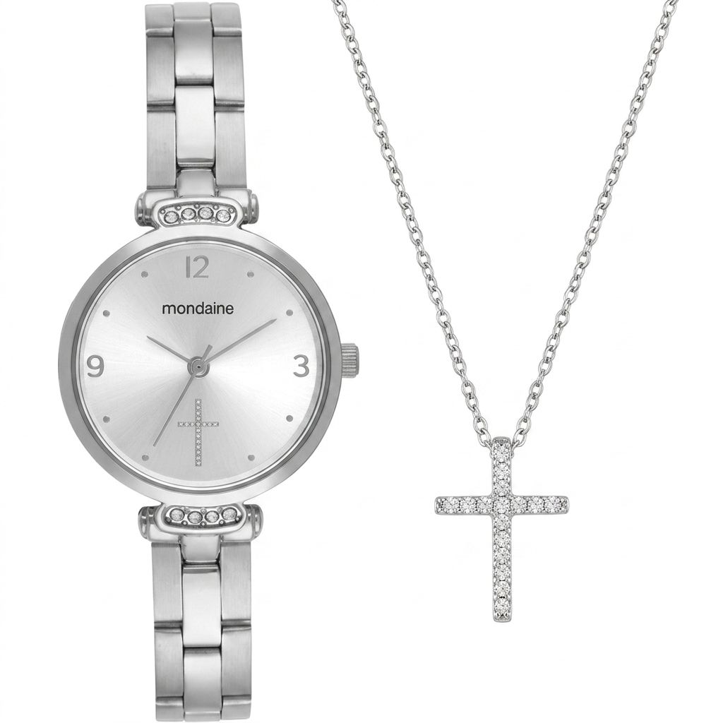 Kit Relógio Mondaine Feminino com Colar Crucifixo