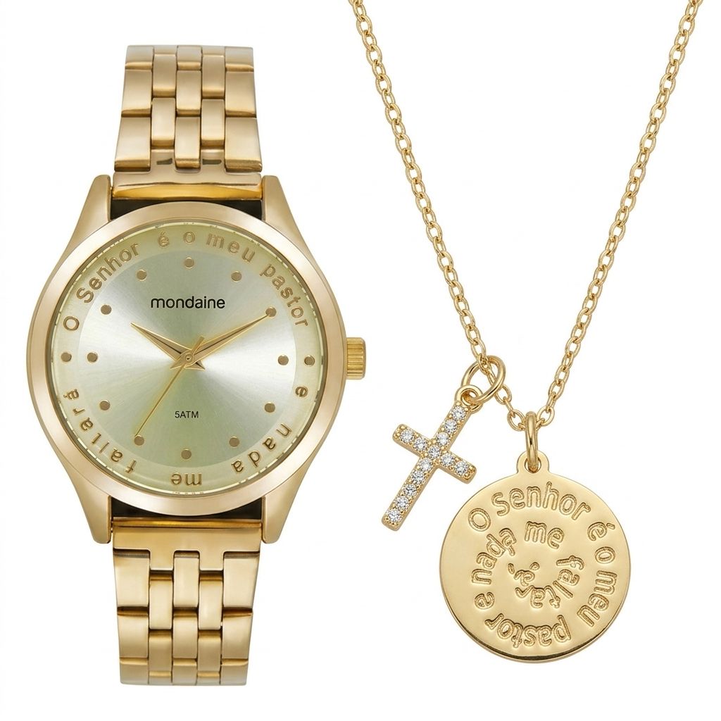 Kit Relógio Mondaine Feminino Dourado Salmo 23