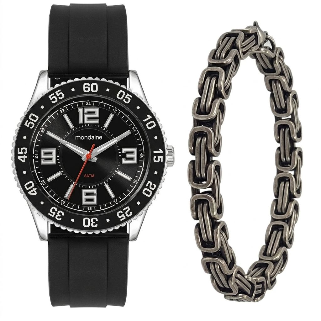 Kit Relógio Mondaine Masculino Preto com Pulseira