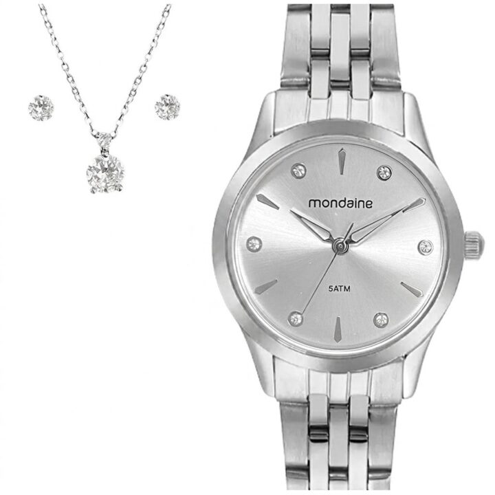 99914L0MKNE2 Kit Relógio Mondaine Feminino Prata com Brincos e Colar