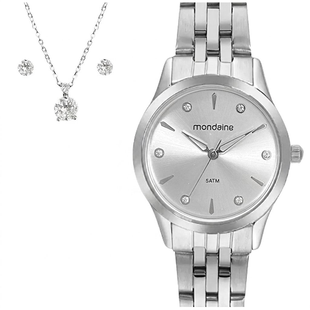 Kit Relógio Mondaine Feminino Prata com Brincos e Colar