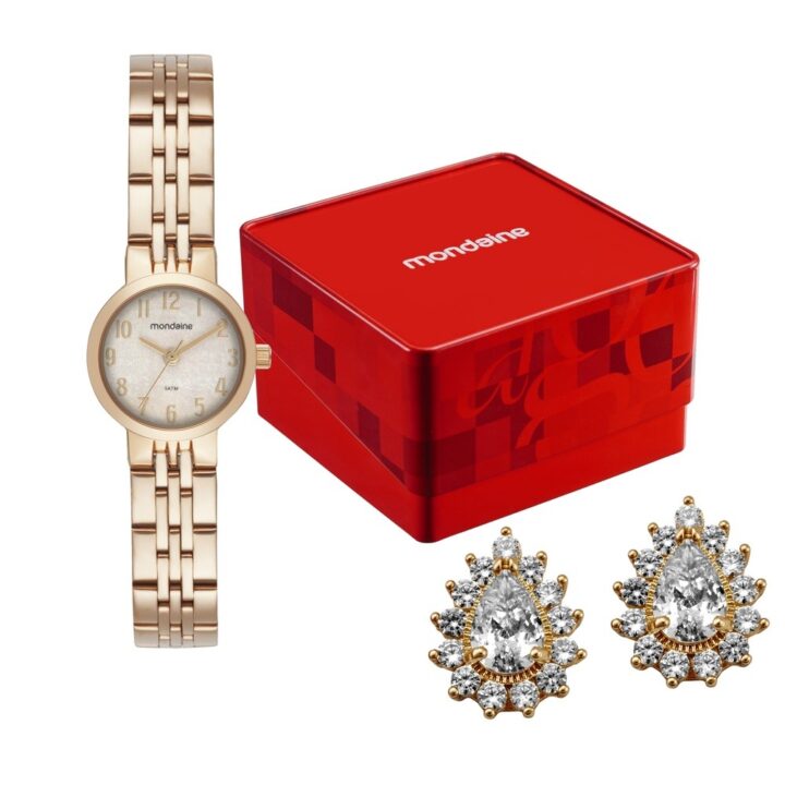 99800LPMKDE1K1 Kit Relógio Mondaine Feminino Dourado com Brincos de Cristais